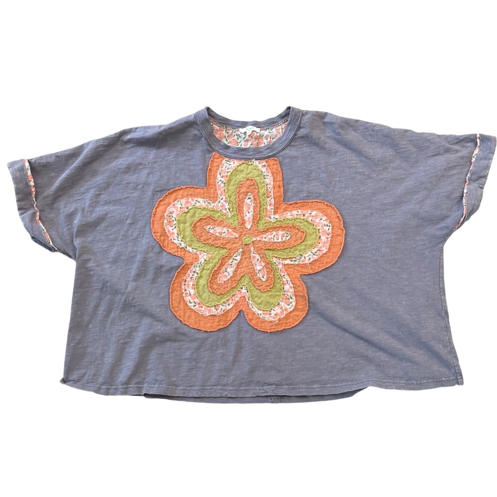 Easel Slate Mineral Wash Flower Patch Oversized Slub Cotton Crop Top Boho M - Picture 2 of 8